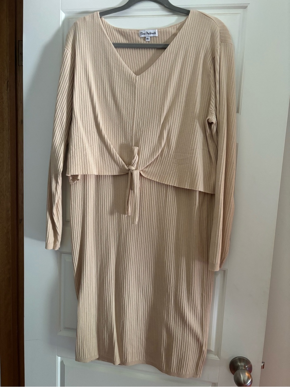 Beige Ribbed Tie-Front Long Sleeve Maternity Dress